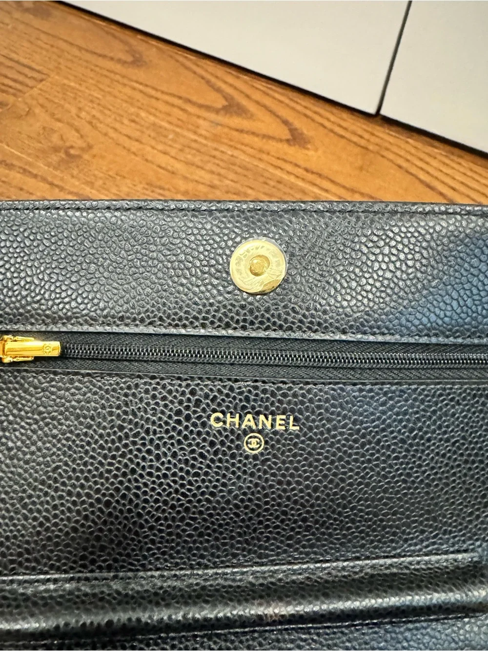 CHANEL Black Quilted Caviar Leather Wallet with Gold Hardware